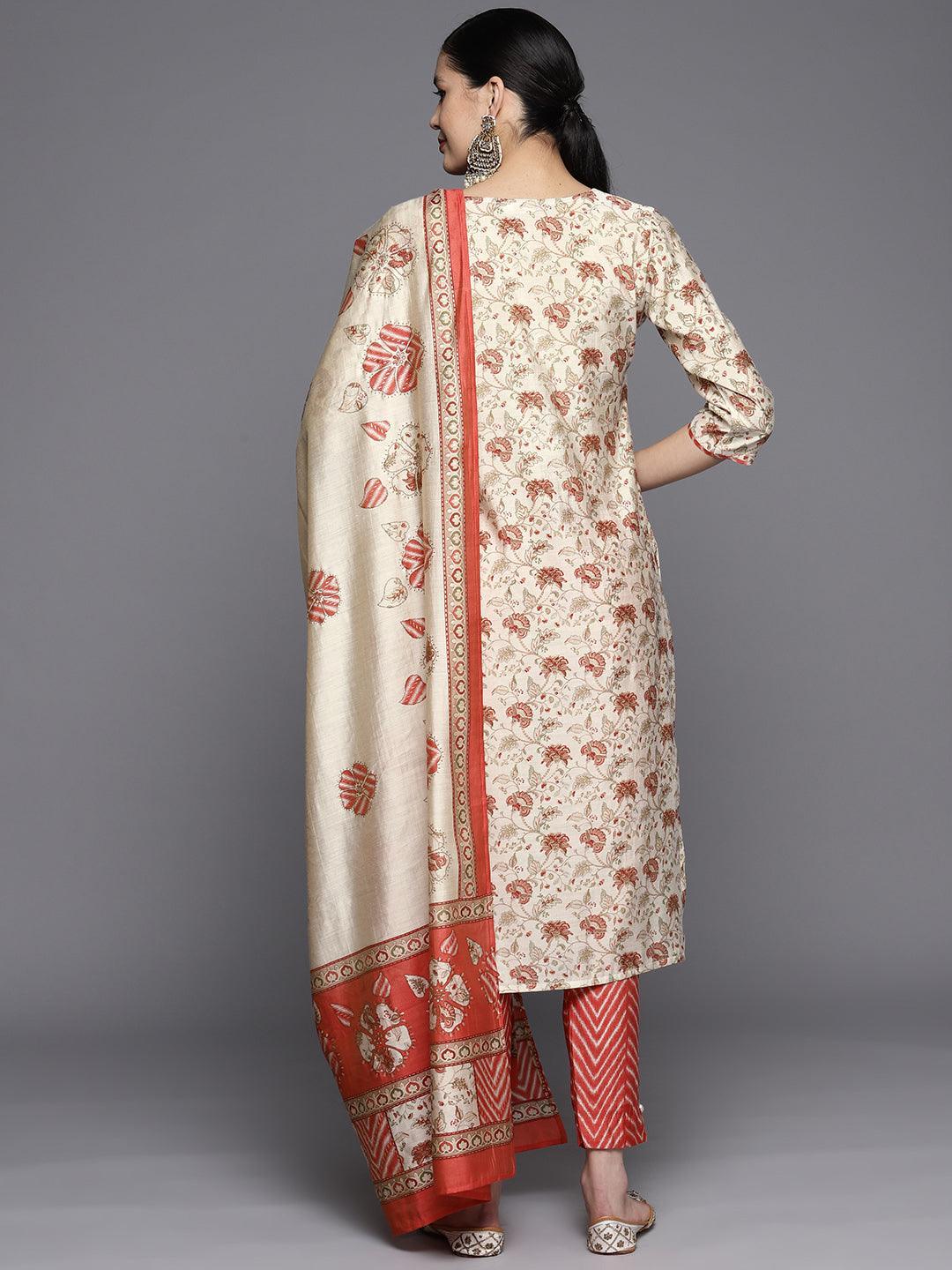 Beige Printed Silk Blend Straight Kurta With Trousers & Dupatta