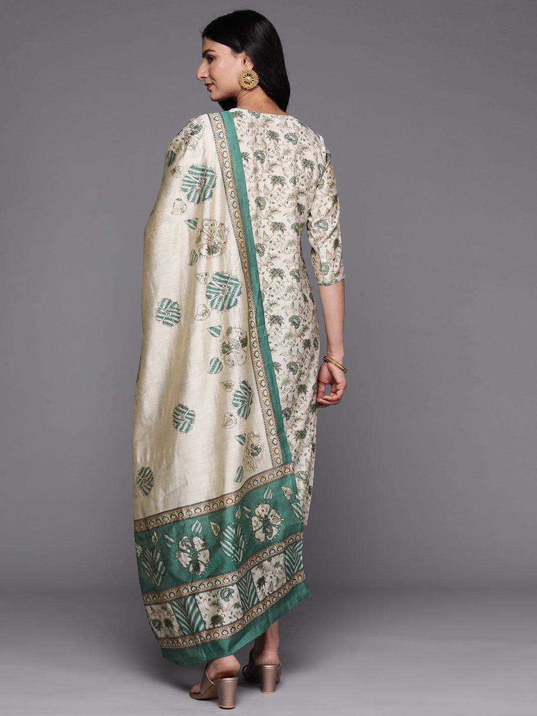 Beige Printed Silk Blend Straight Kurta With Trousers & Dupatta