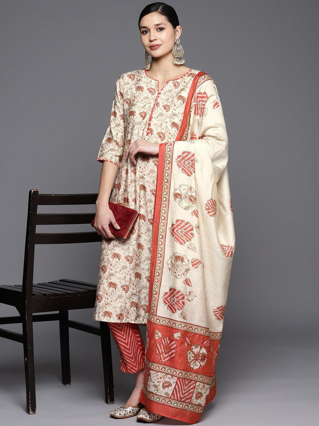 Beige Printed Silk Blend Straight Kurta With Trousers & Dupatta