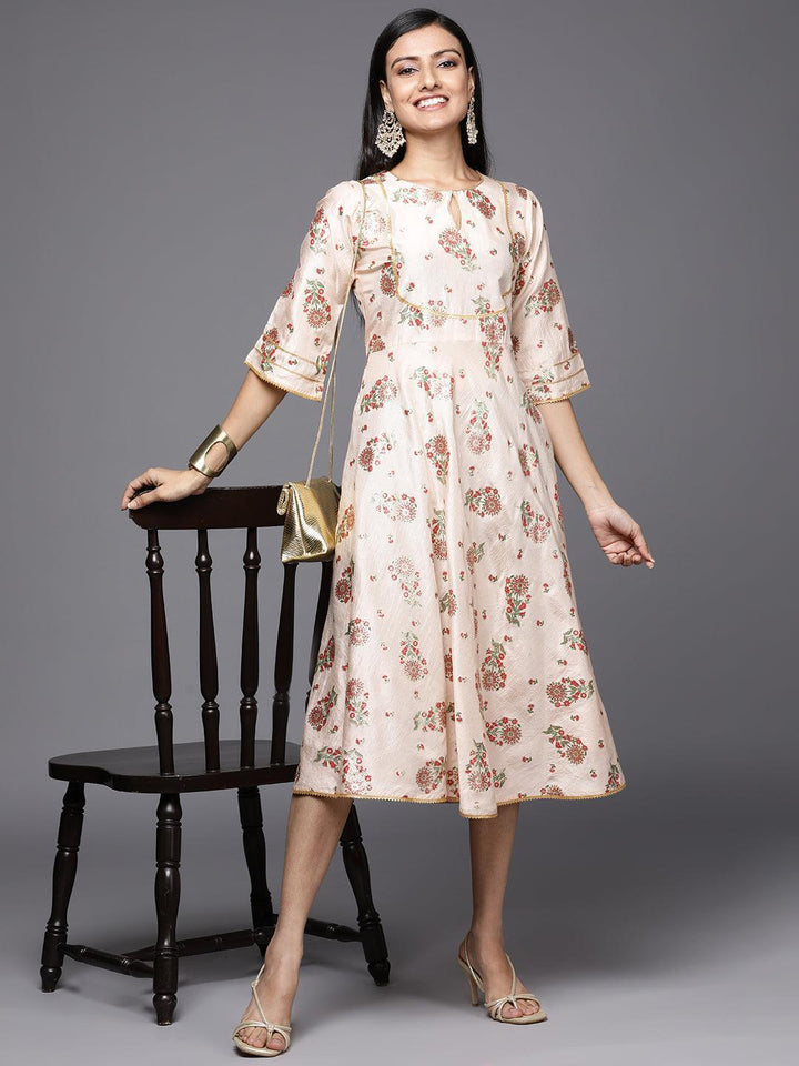 Beige Printed Silk Empire Dress - ShopLibas