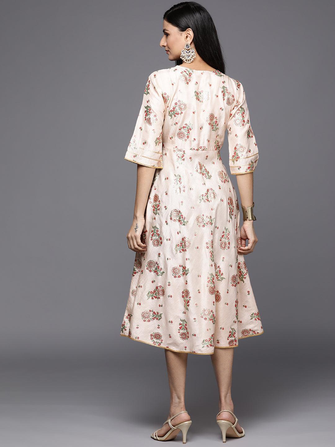 Beige Printed Silk Empire Dress