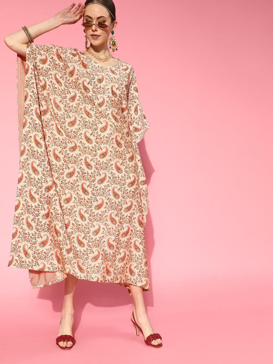 Beige Printed Silk Kaftan Dress - ShopLibas