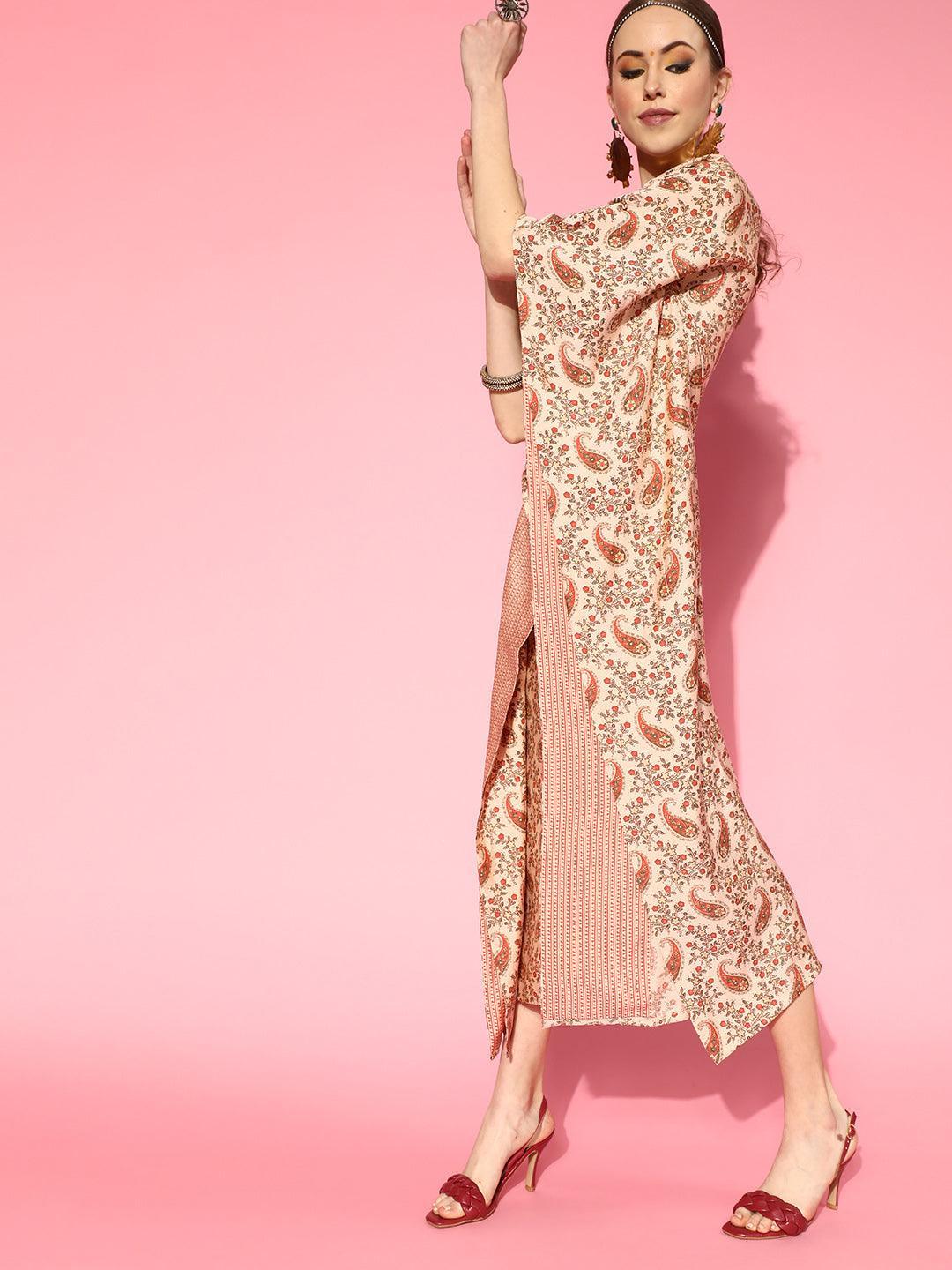 Beige Printed Silk Kaftan Dress