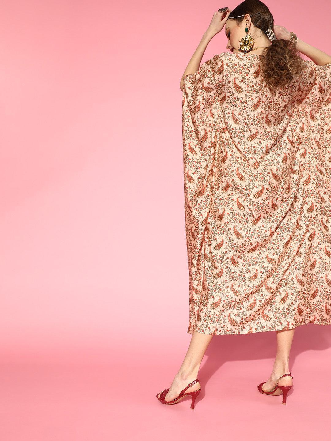 Beige Printed Silk Kaftan Dress