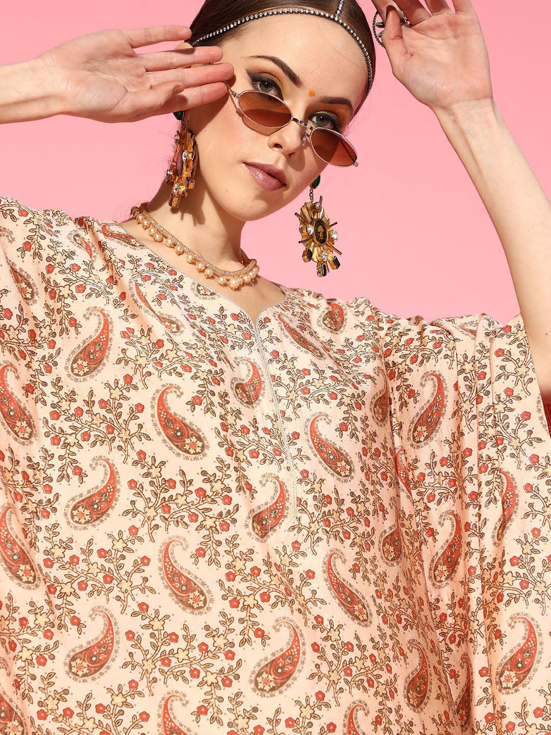 Beige Printed Silk Kaftan Dress