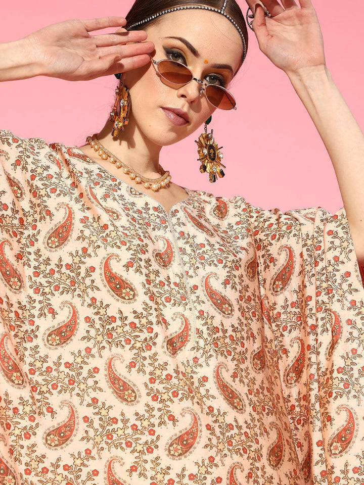 Beige Printed Silk Kaftan Dress - ShopLibas