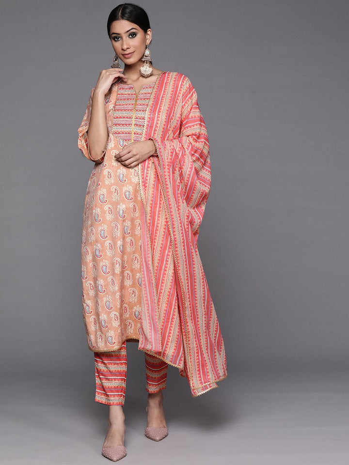 Beige Printed Silk Suit Set - ShopLibas