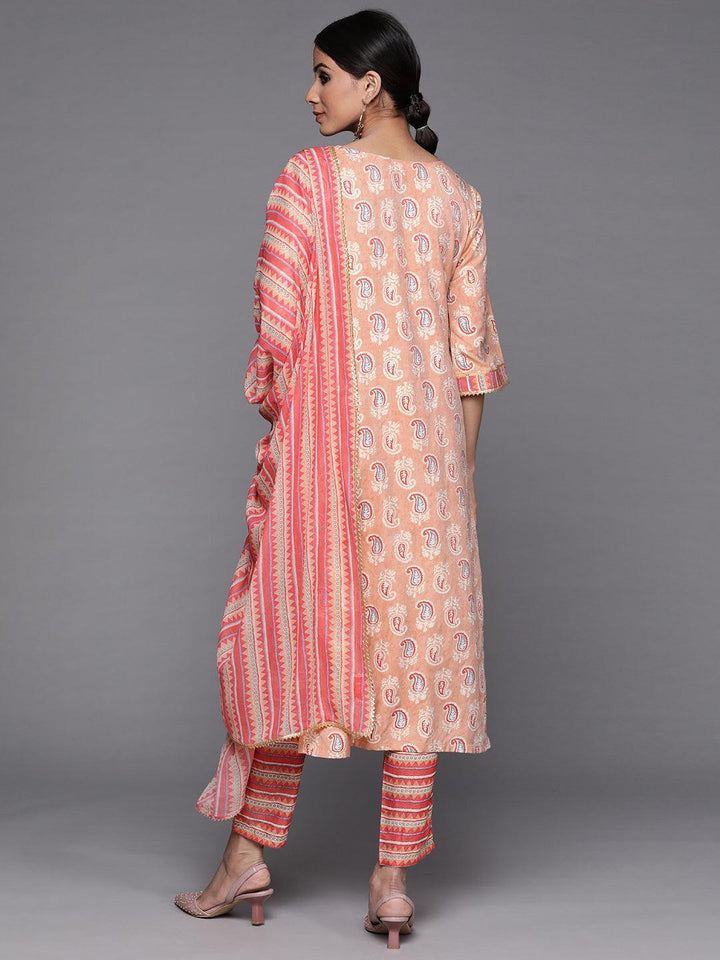 Beige Printed Silk Suit Set - ShopLibas