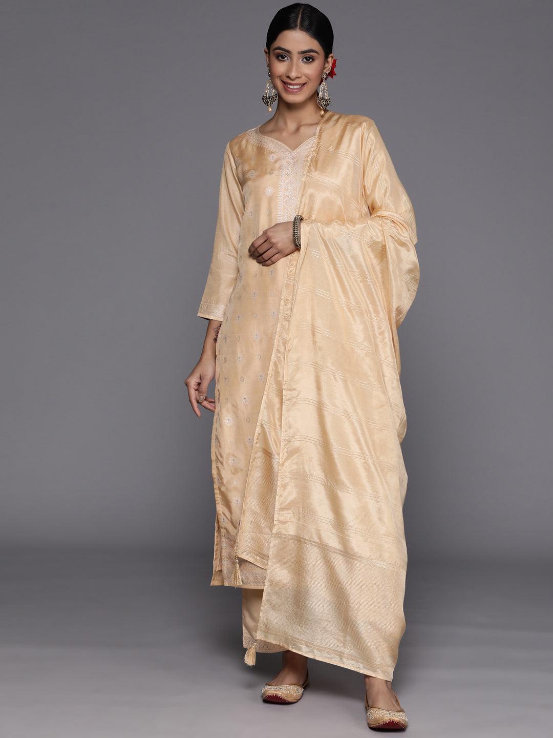 Beige Self Design Silk Blend Suit Set With Trousers