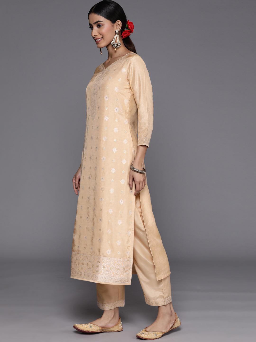 Beige Self Design Silk Blend Suit Set With Trousers