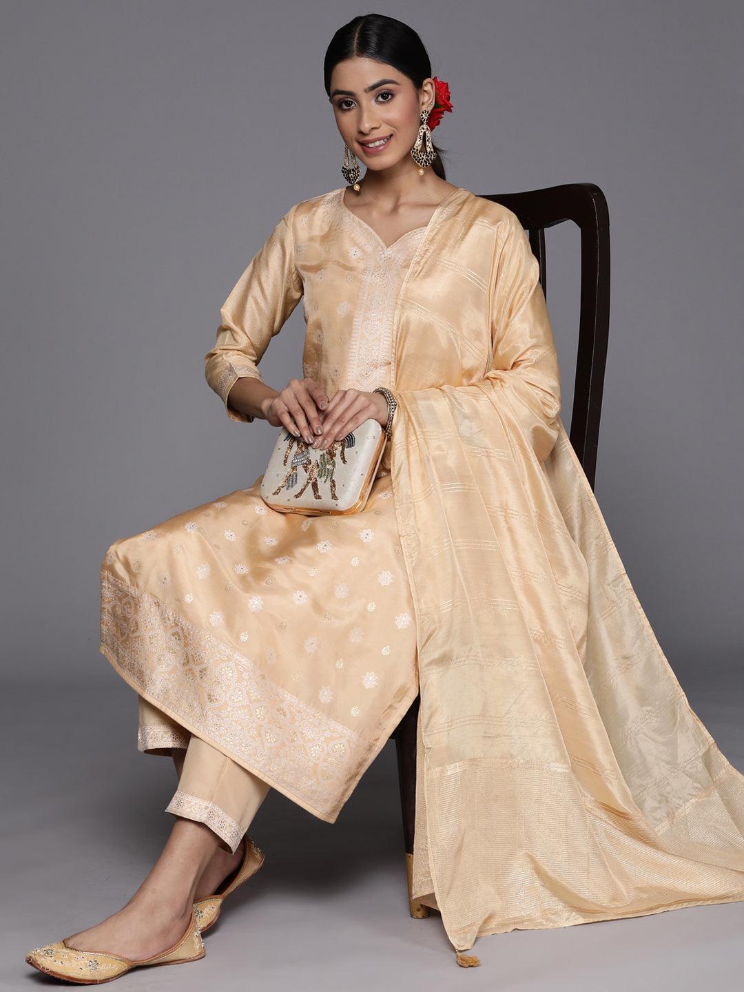 Beige Self Design Silk Blend Suit Set With Trousers