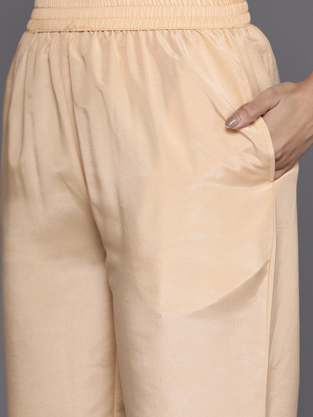 Beige Self Design Silk Blend Suit Set With Trousers