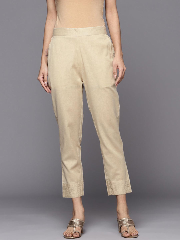 Beige Solid Cotton Trousers - ShopLibas