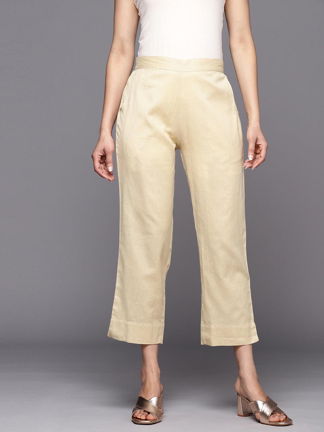 Beige Solid Cotton Trousers