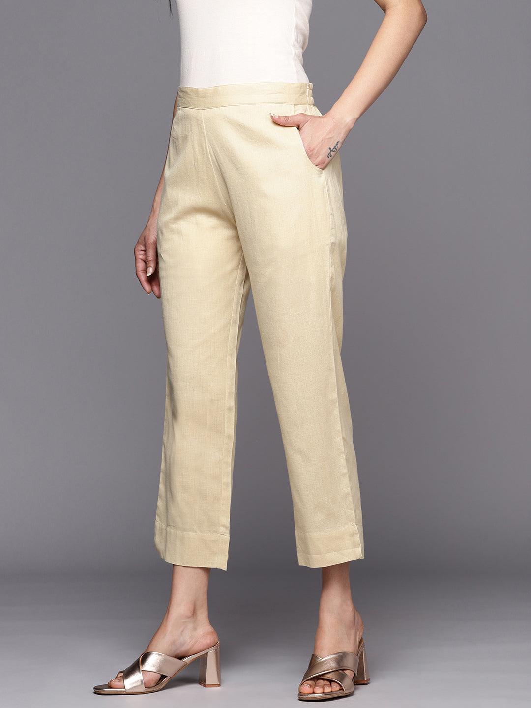 Beige Solid Cotton Trousers