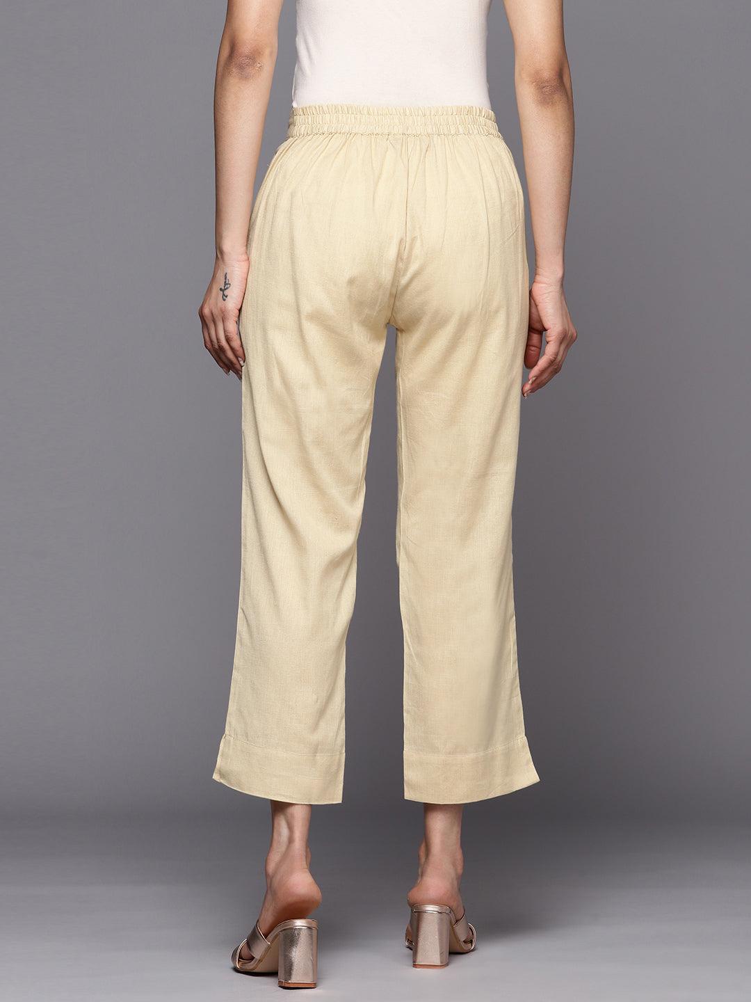 Beige Solid Cotton Trousers