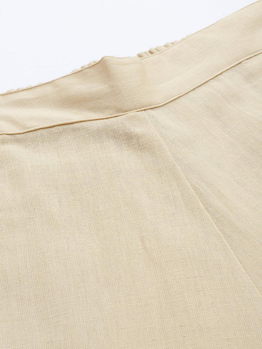 Beige Solid Cotton Trousers