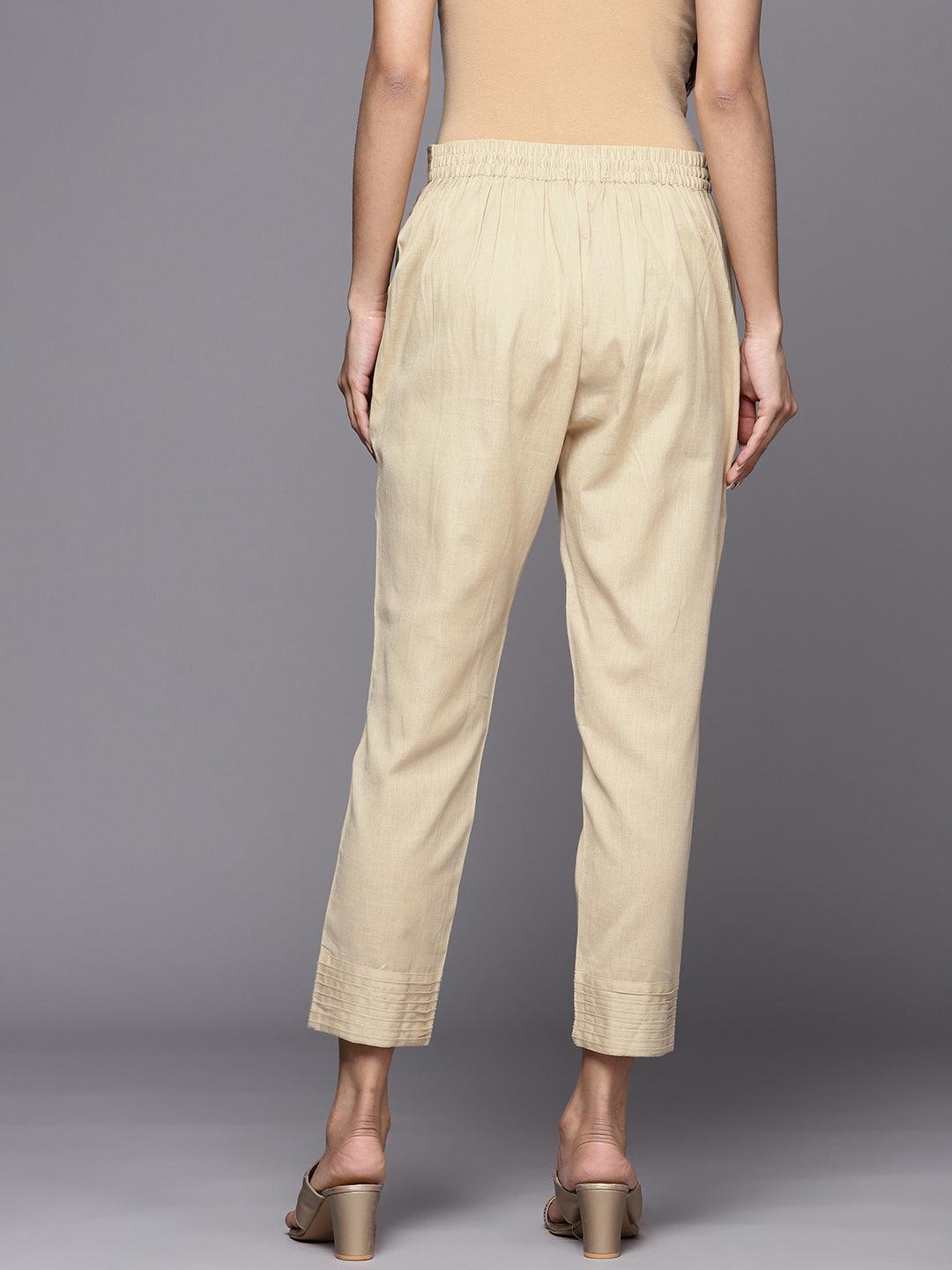 Beige Solid Cotton Trousers