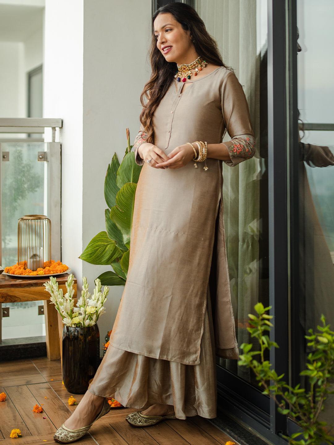 Beige Solid Silk Kurta - ShopLibas