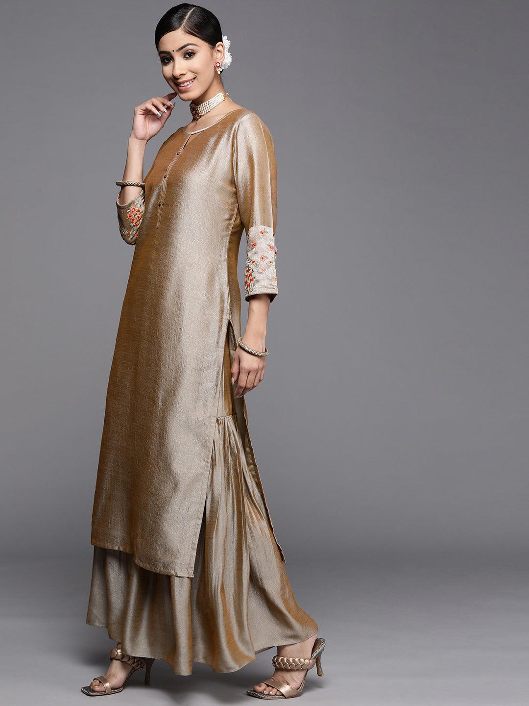 Beige Solid Silk Kurta - ShopLibas