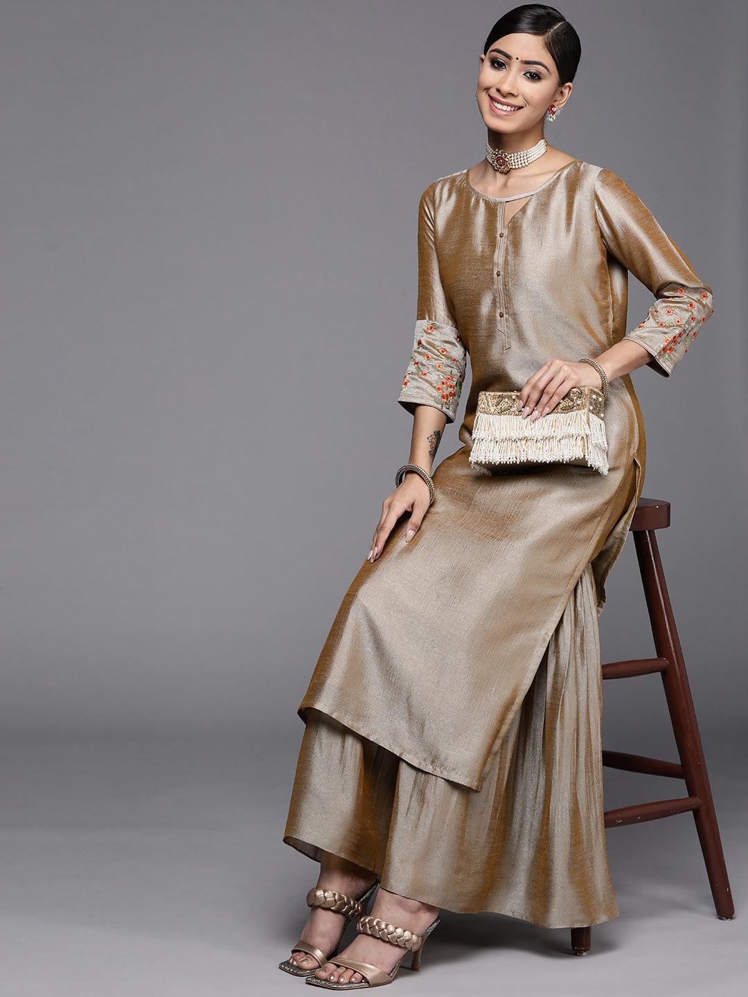 Beige Solid Silk Kurta - ShopLibas