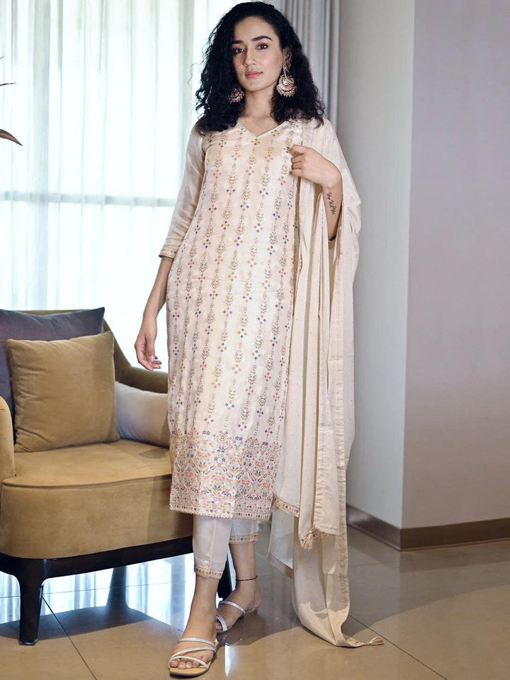 Beige Woven Design Silk Suit Set - ShopLibas