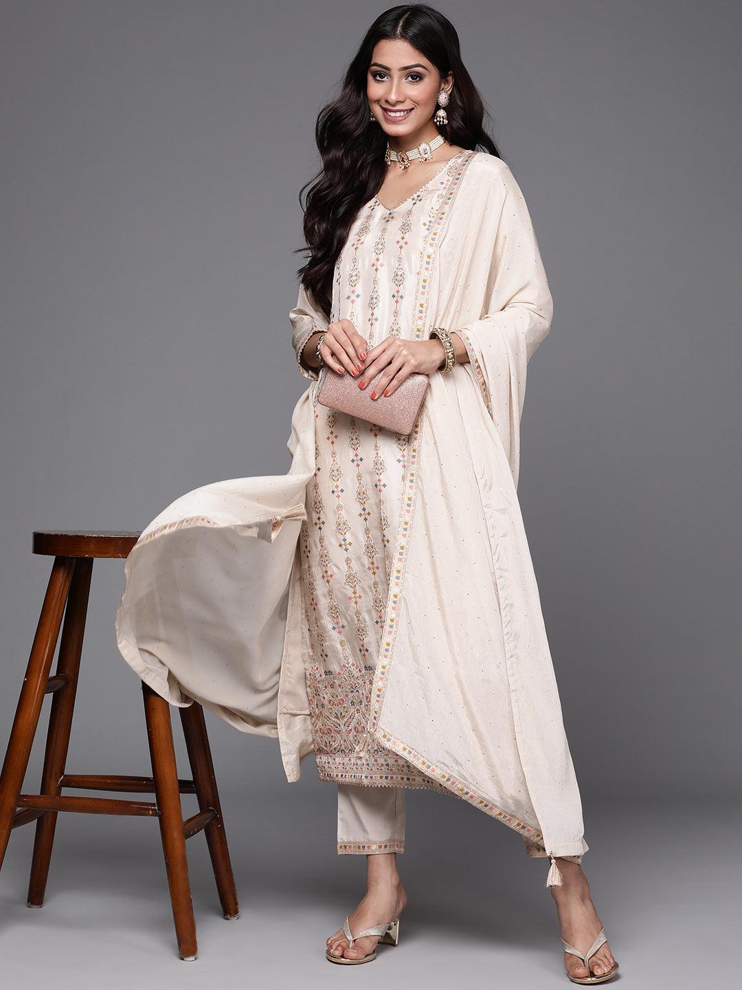 Beige Woven Design Silk Suit Set