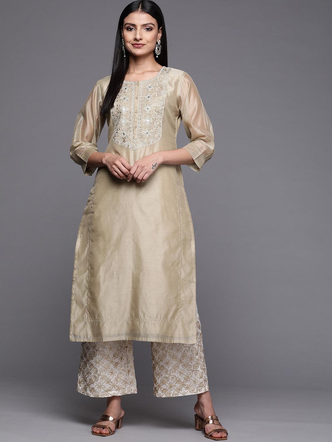 Beige Yoke Design Chanderi Cotton Straight Kurta