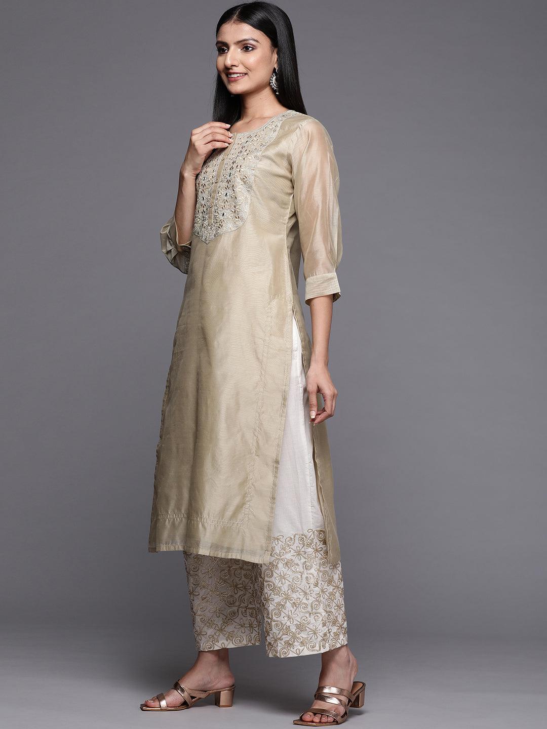 Beige Yoke Design Chanderi Cotton Straight Kurta