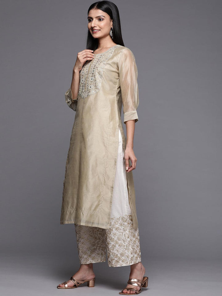 Beige Yoke Design Chanderi Cotton Straight Kurta - Libas