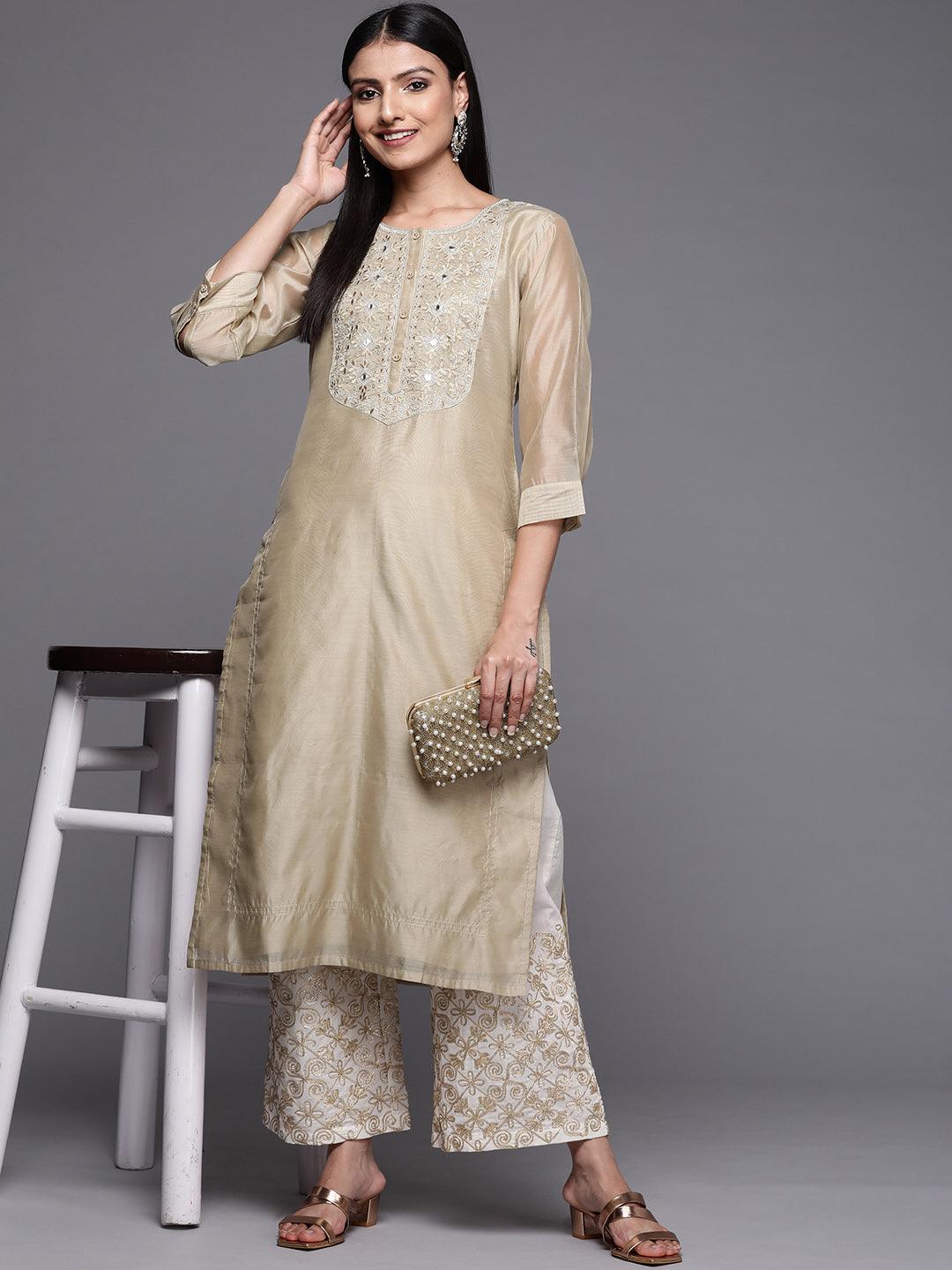 Beige Yoke Design Chanderi Cotton Straight Kurta