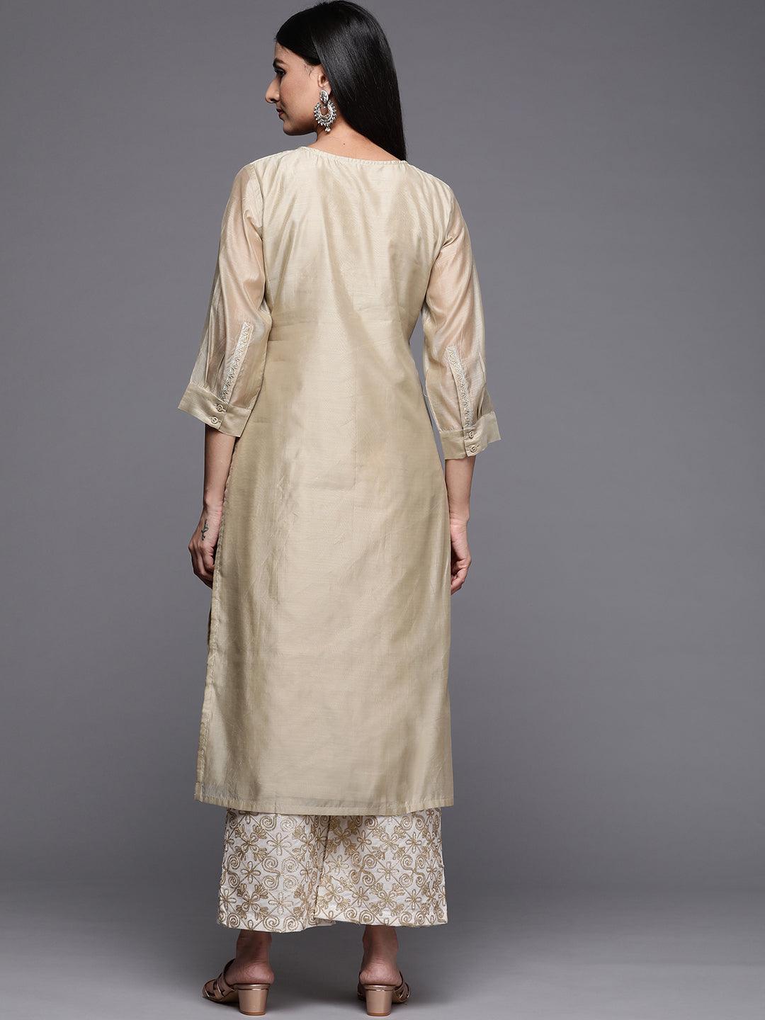 Beige Yoke Design Chanderi Cotton Straight Kurta