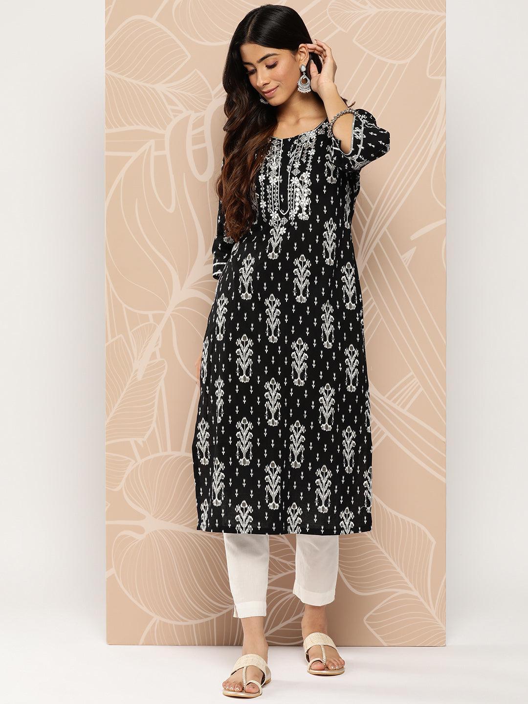 Black Embellished Cotton Straight Kurta - Libas