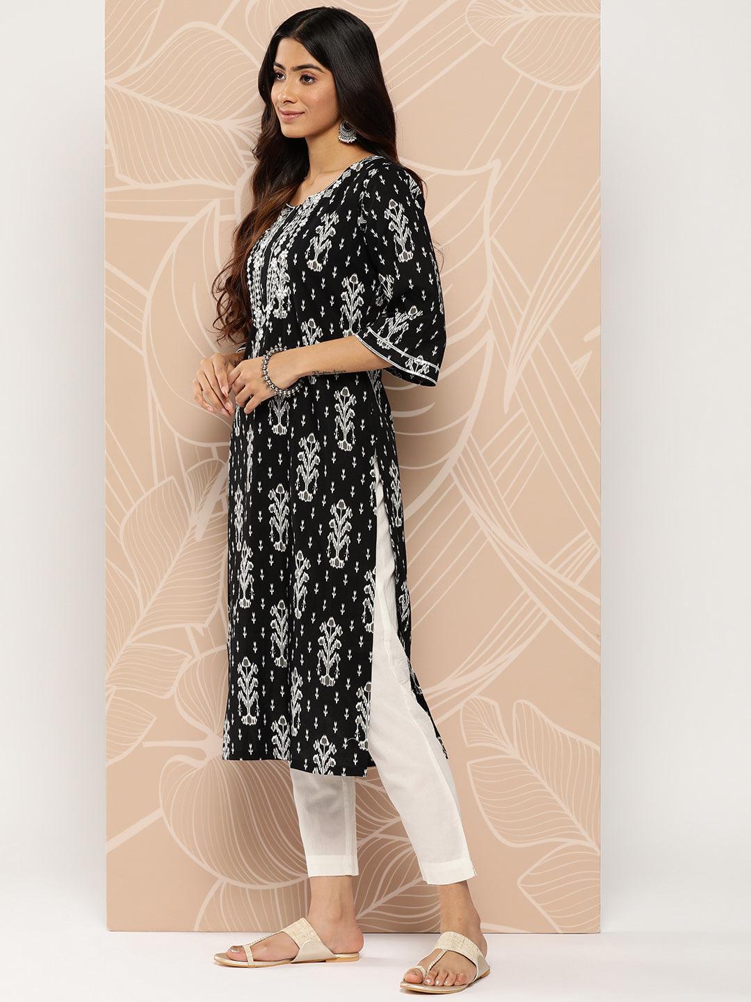 Black Embellished Cotton Straight Kurta