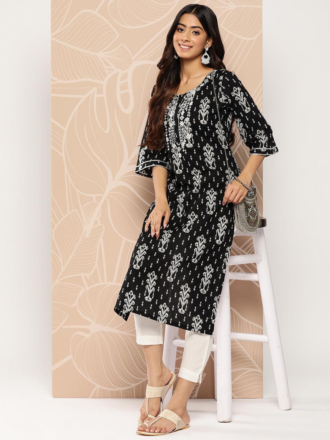 Black Embellished Cotton Straight Kurta