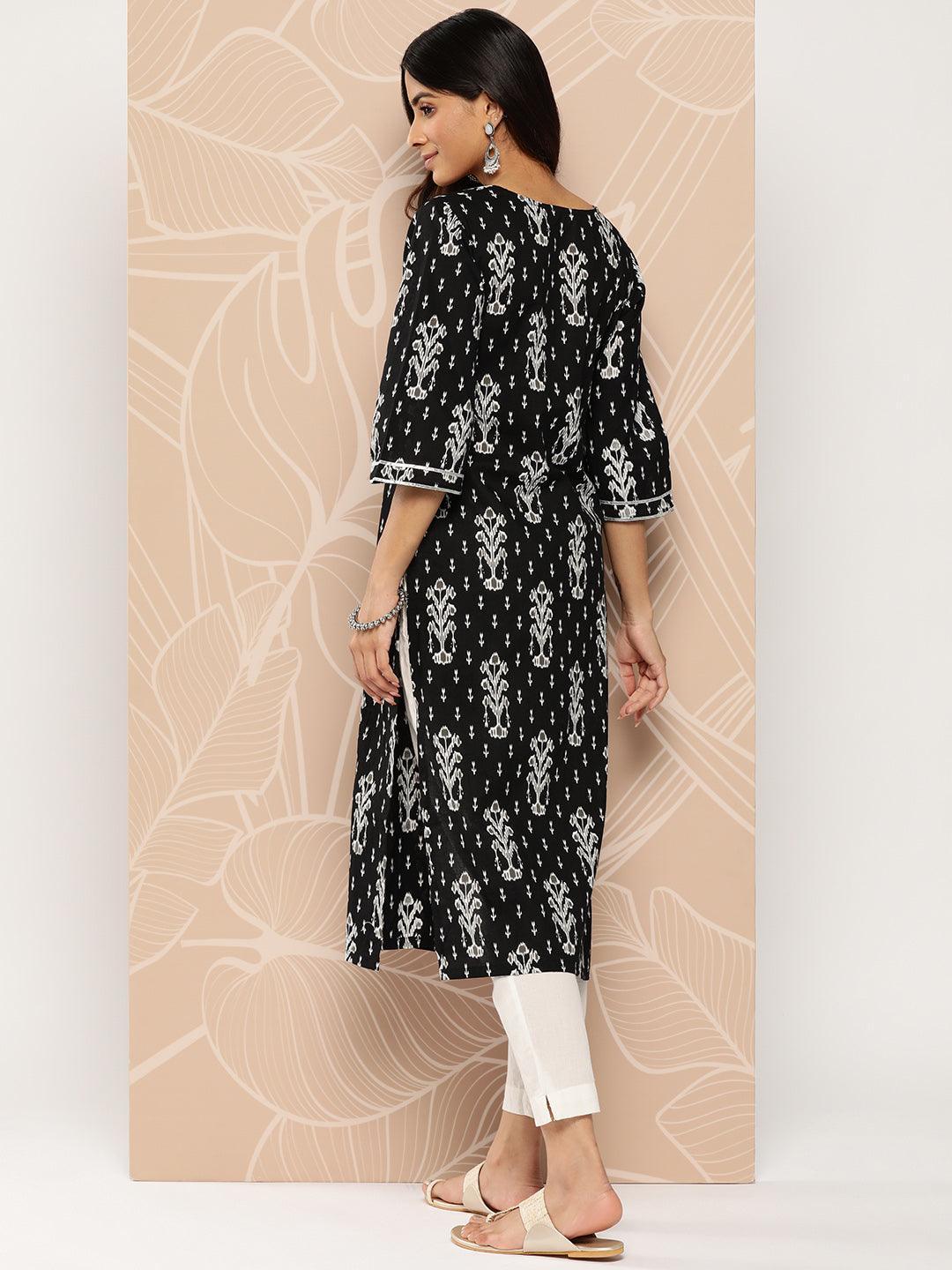 Black Embellished Cotton Straight Kurta