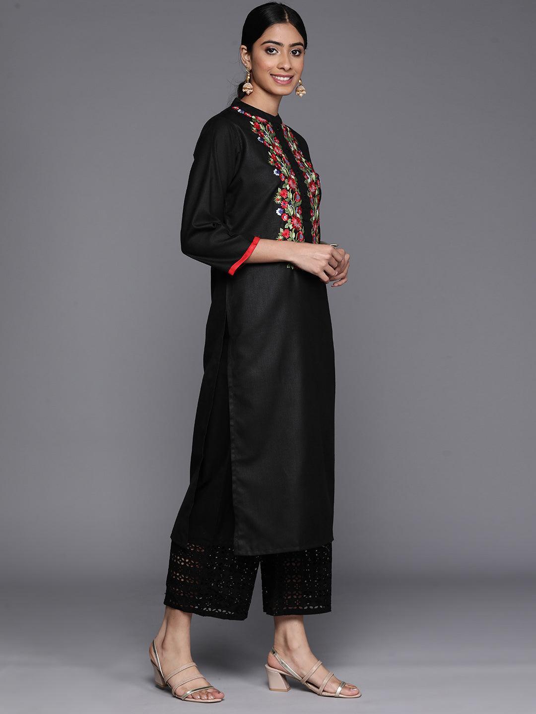 Black Embroidered Cotton Straight Kurta