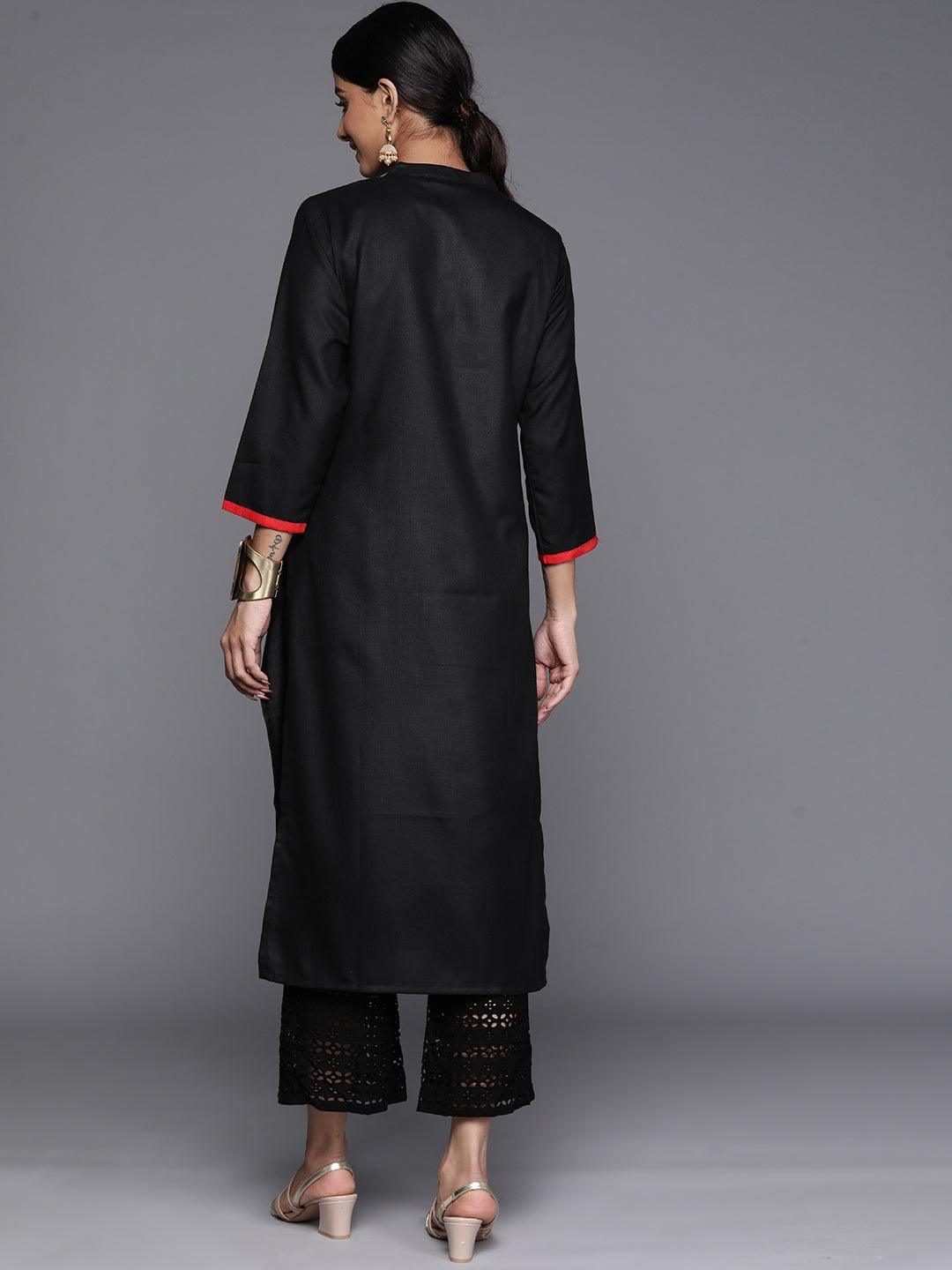 Black Embroidered Cotton Straight Kurta