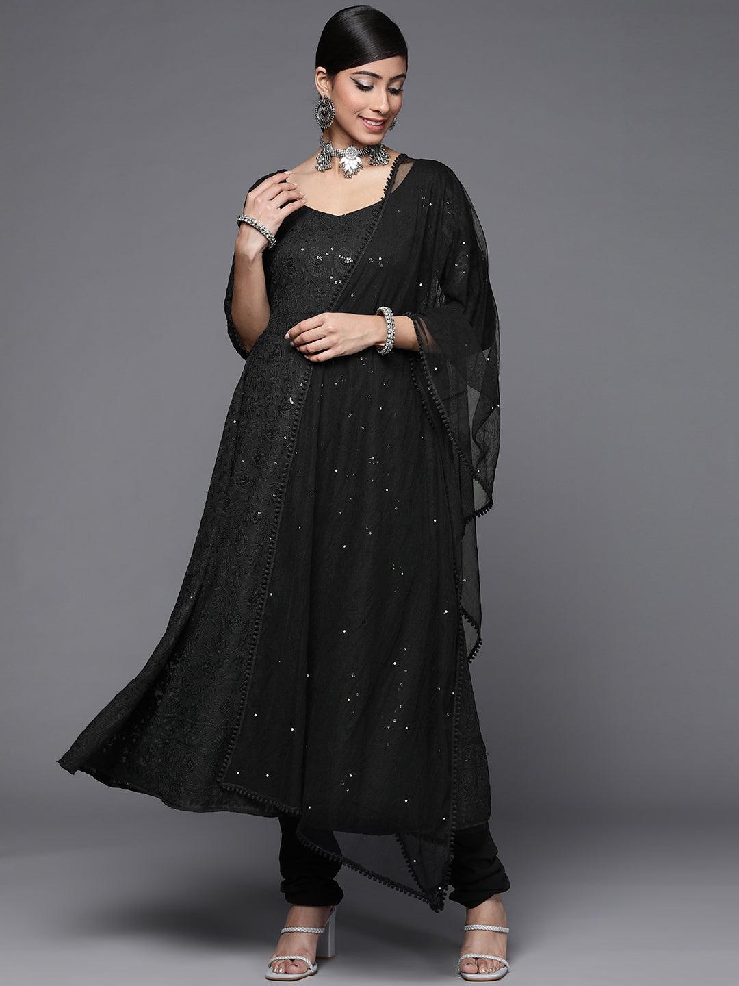 Black Embroidered Georgette Anarkali Suit Set