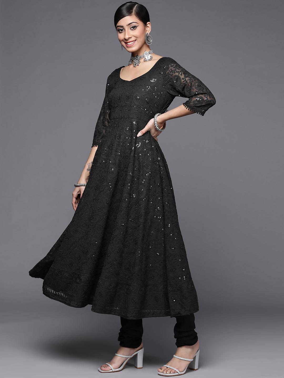 Black Embroidered Georgette Anarkali Suit Set