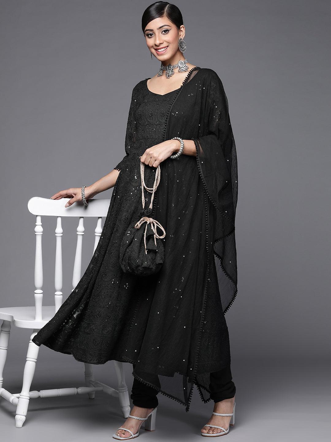 Black Embroidered Georgette Anarkali Suit Set