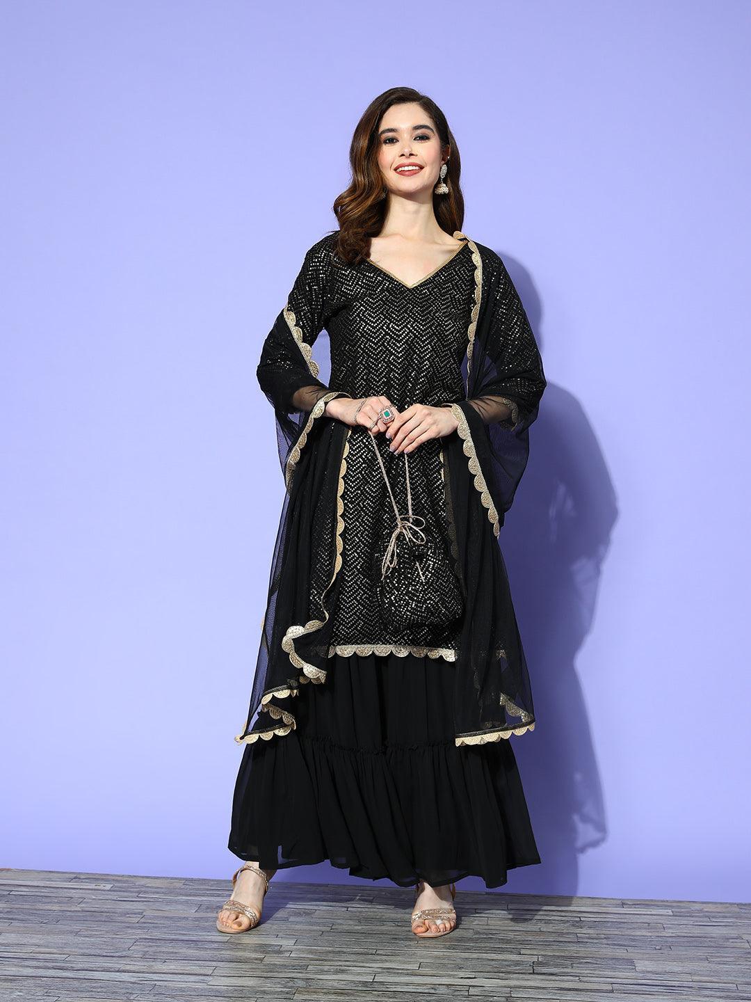 Black Embroidered Georgette Straight Kurta With Sharara & Dupatta