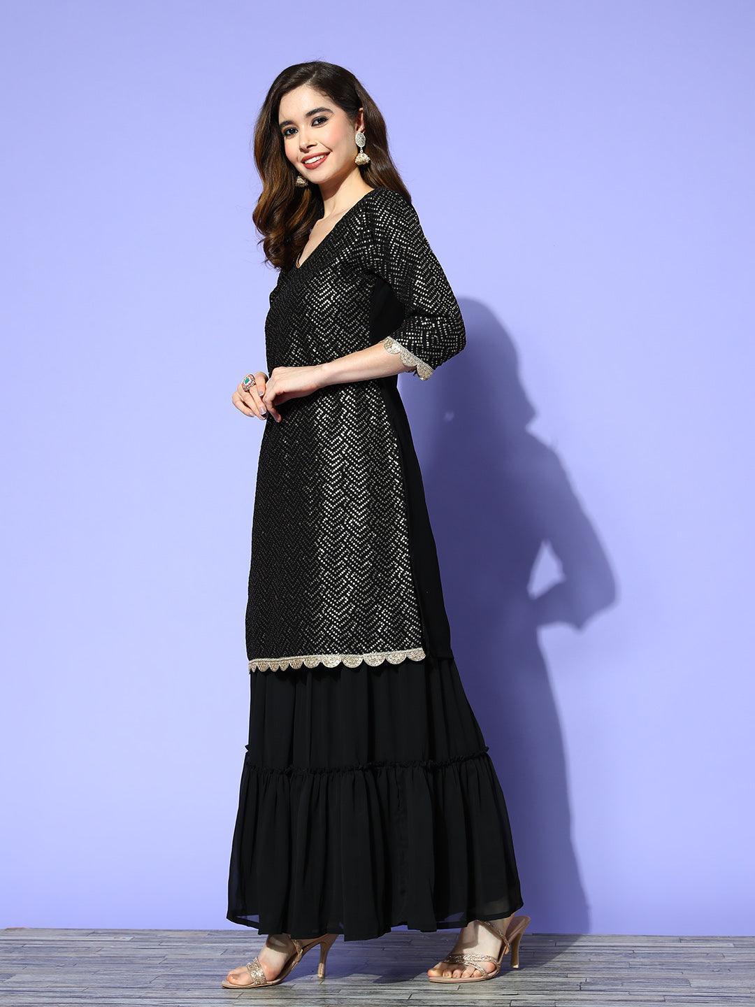 Black Embroidered Georgette Straight Kurta With Sharara & Dupatta