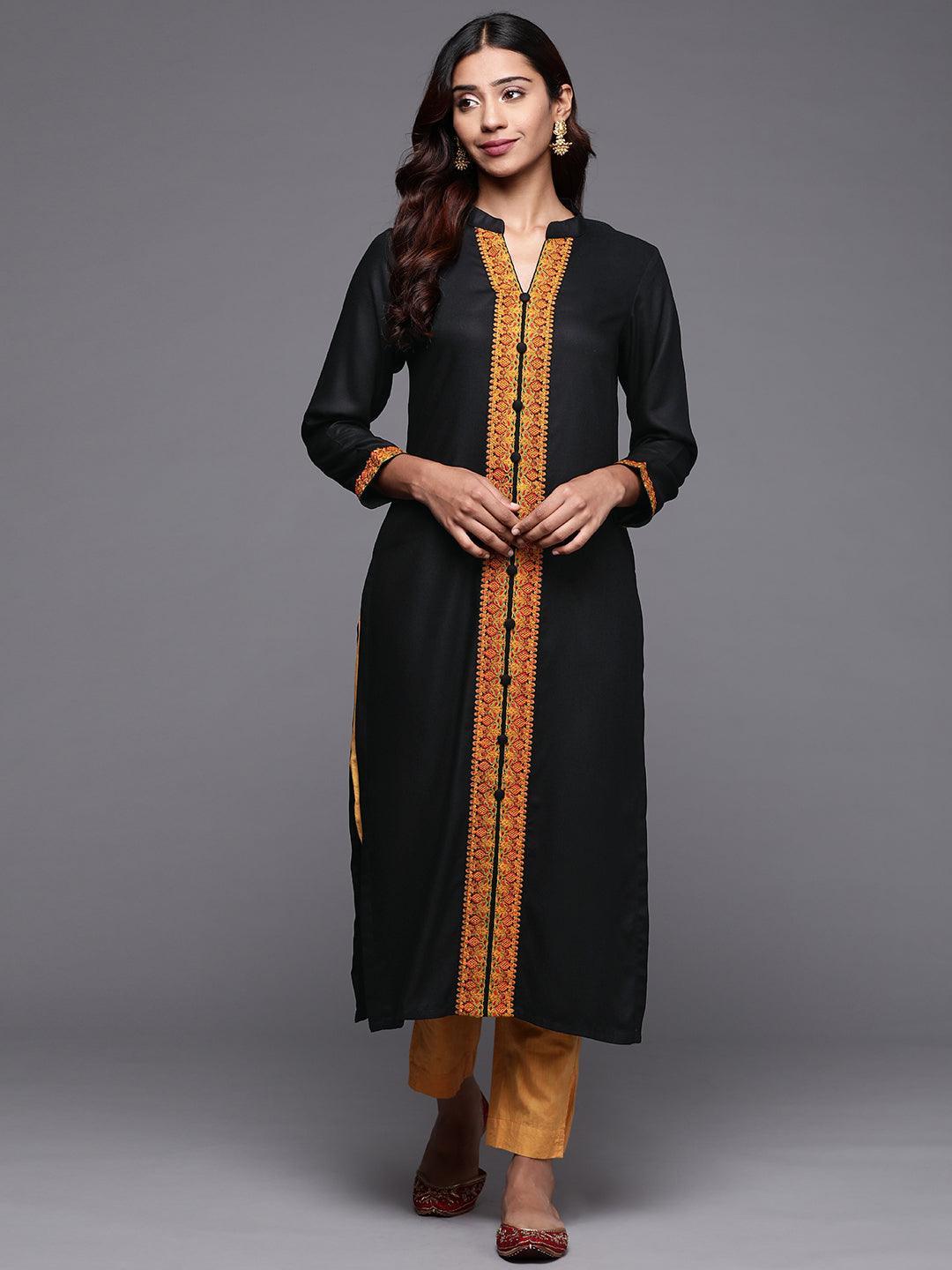 Black Embroidered Pashmina Wool Straight Kurta