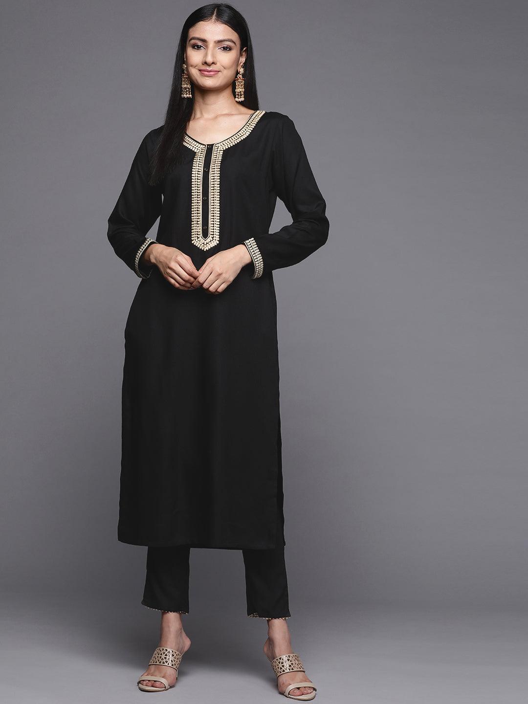 Black Embroidered Pashmina Wool Straight Kurta