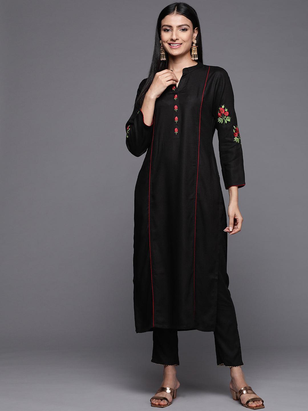 Black Embroidered Pashmina Wool Straight Kurta