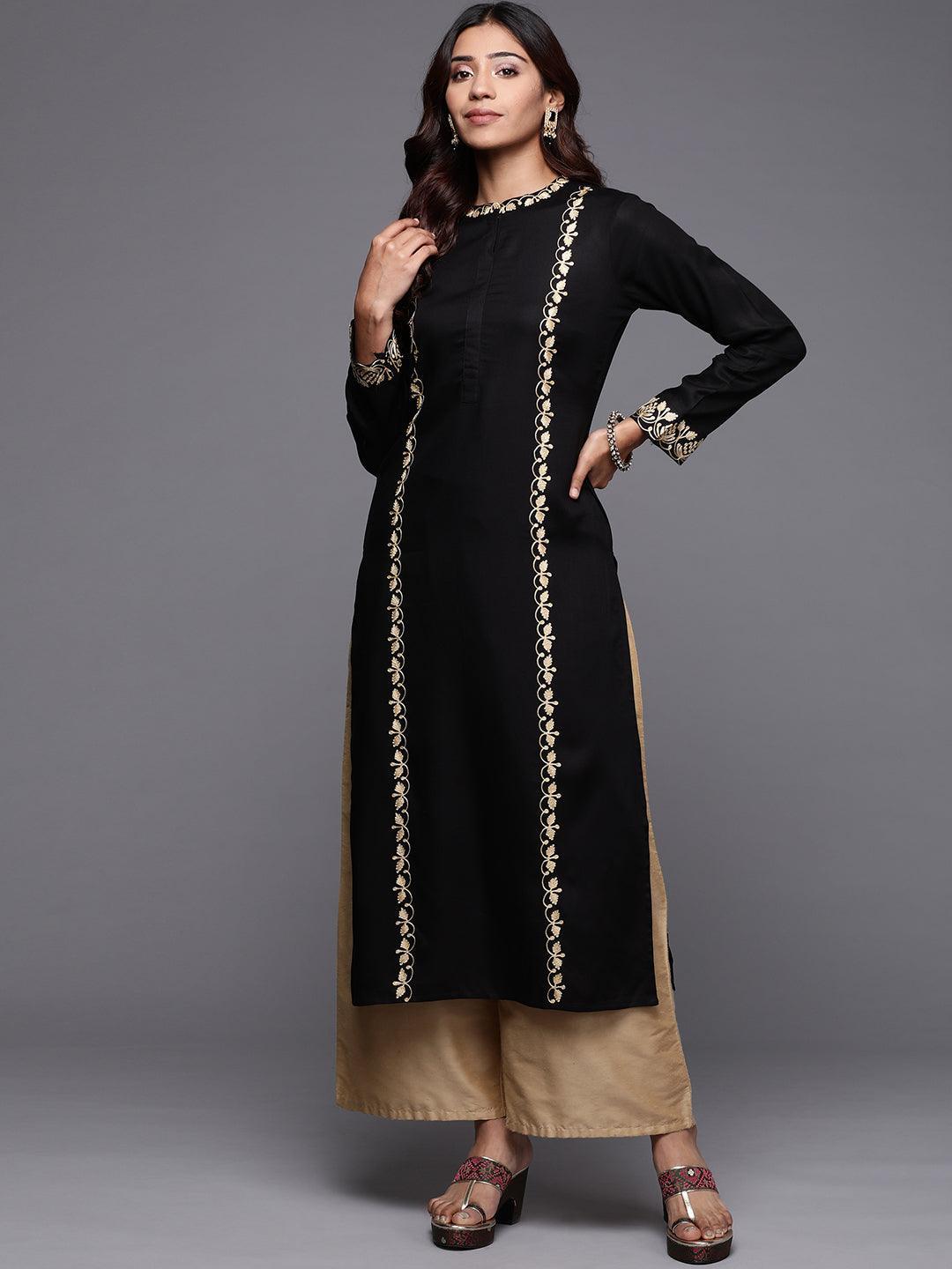 Black Embroidered Pashmina Wool Straight Kurta