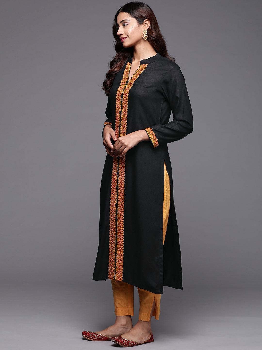 Black Embroidered Pashmina Wool Straight Kurta