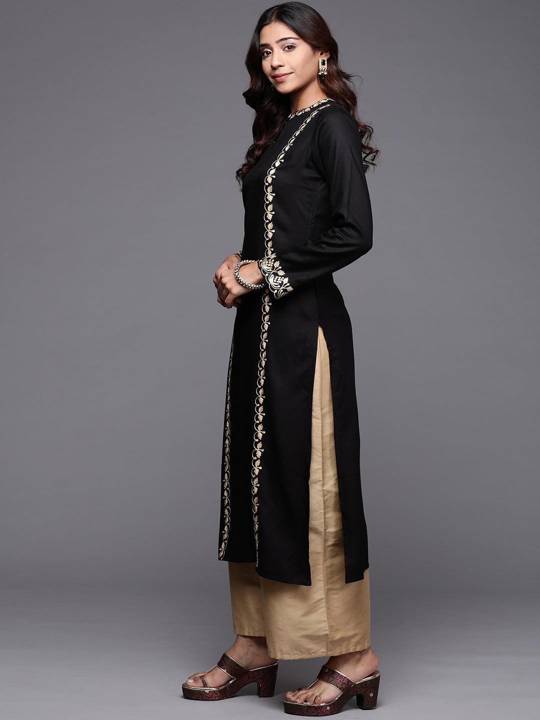 Black Embroidered Pashmina Wool Straight Kurta