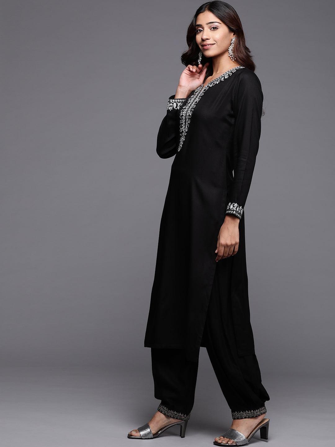 Black Embroidered Pashmina Wool Straight Kurta